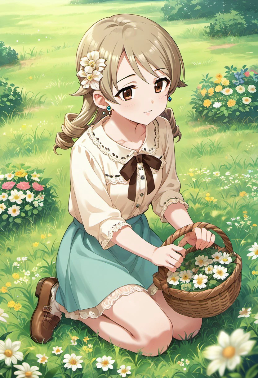 score_9, score_8_up, score_7_up, source_anime, morikubo nono, brown eyes, drill hair, light brown hair, 1girl, hair ornament, jewelry, solo, flower, earrings, hair flower, skirt, basket, grass, outdoors, shoes