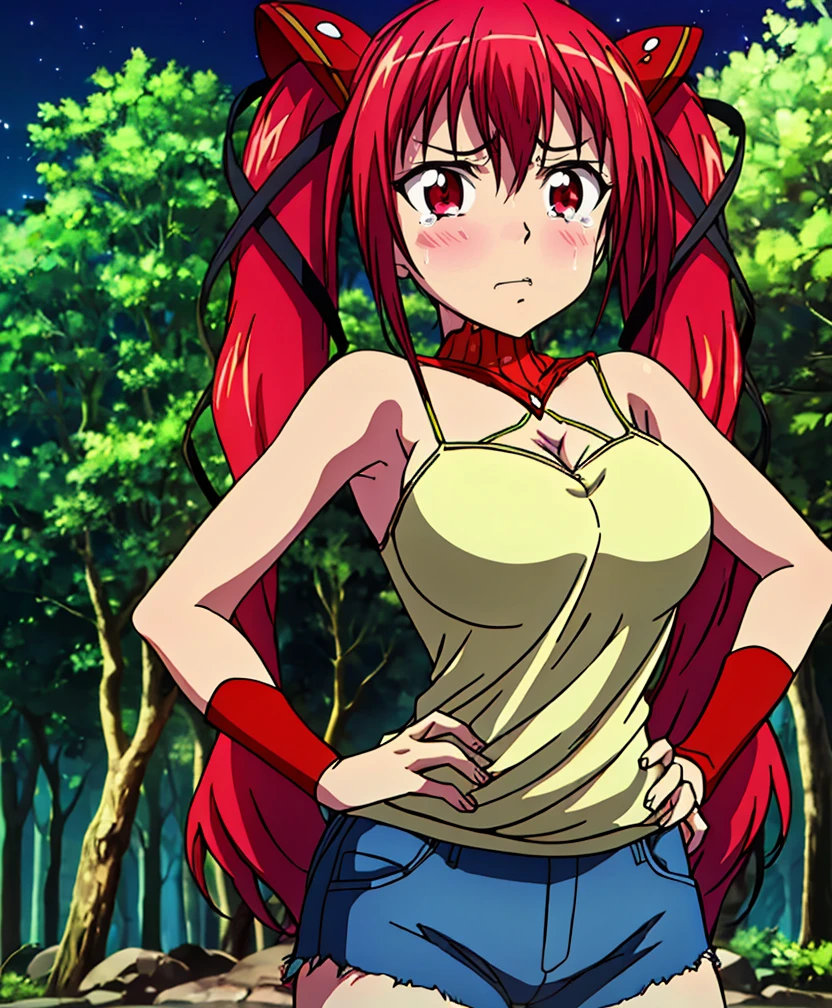 1girl,  looking at viewer, anime screencap, <lora:animemix_v3_offset:.9> ,   <lora:add_detail:.8>,  
 hands on hips,  in the forest at night, spooky, scary, (bare neck:1.1), (wearing camisole, short shorts, ripped jeans:1)
,<lora:m45ht4l_3-000005:.75>, m45ht4l_3, blush, large breasts, hair ornament, red eyes, twintails, very long hair, hair ribbon, red hair,