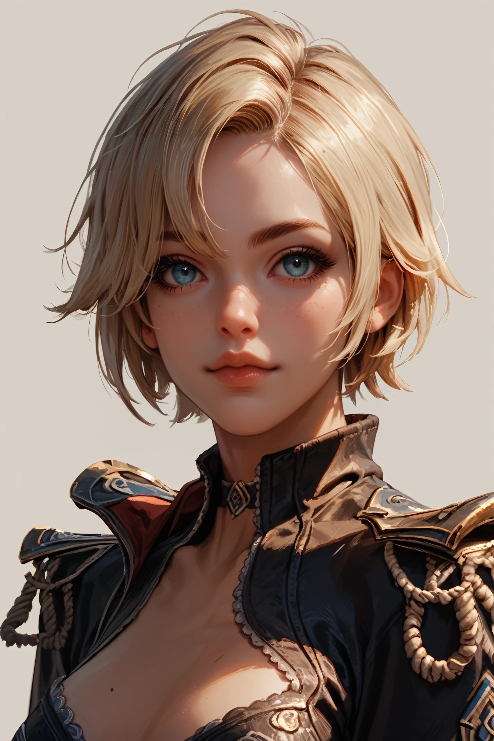 score_9, score_8_up, score_7_up, score_6_up
<lora:LASasha:1.0>
LASasha, 1girl, blonde hair, short hair, looking at viewer, simple background, portrait