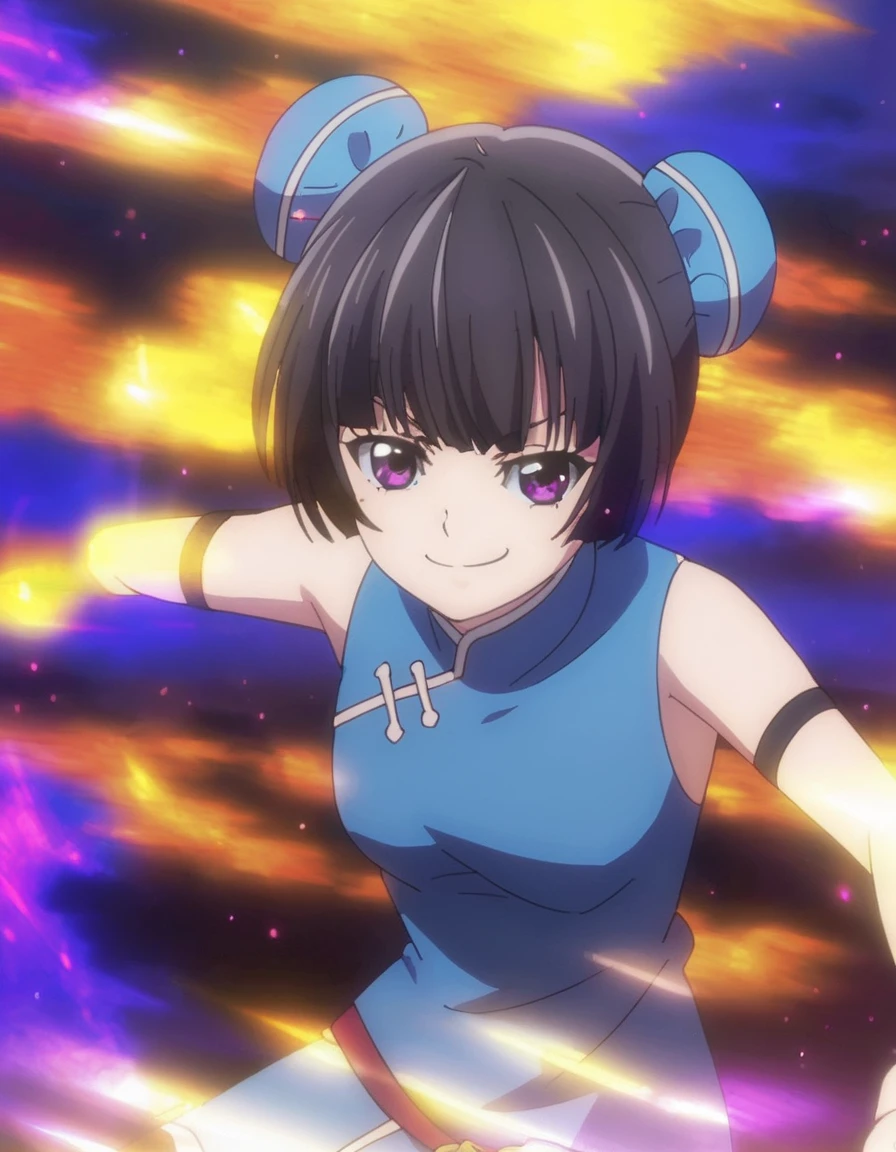 <lora:OssanNewbieAdventurer:1>, dynamic pose, smirk  MartialArtist, short hair, double bun, black hair, purple eyes,