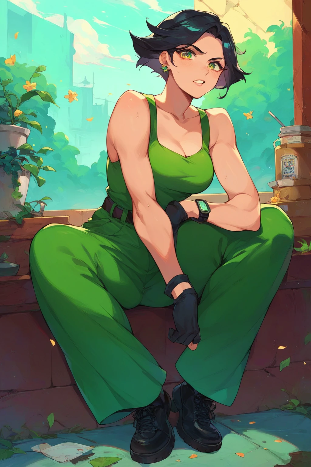 score_9, score_8_up, score_7_up, score_6_up, score_5_up, score_4_up, masterpiece, high quality, full body, 1girl, <lora:ButtrCup:0.9> ButtrCup, black hair 1girl, black hair, short hair, , green outfit,