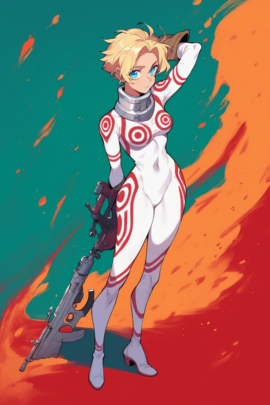 score_9, score_8_up, score_7_up, score_6_up, score_5_up, score_4_up, masterpiece, high quality, full body,  <lora:Shiro_outfit_DMW:0.9> shiro_outfit, white_jumpsuit, red_markings, white bodysuit, skin tight,