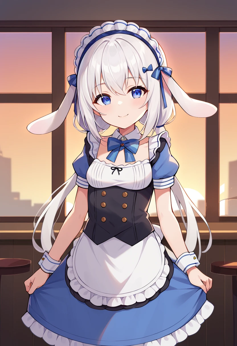 <lora:TenshiNano:1> angel nano, maid headdress, animal ears, blue eyes, rabbit ears, maid, long hair, white hair, twintails, smile, small breasts,  cafe, sunset, window,, score_9, score_8_up, score_7_up, source_anime,