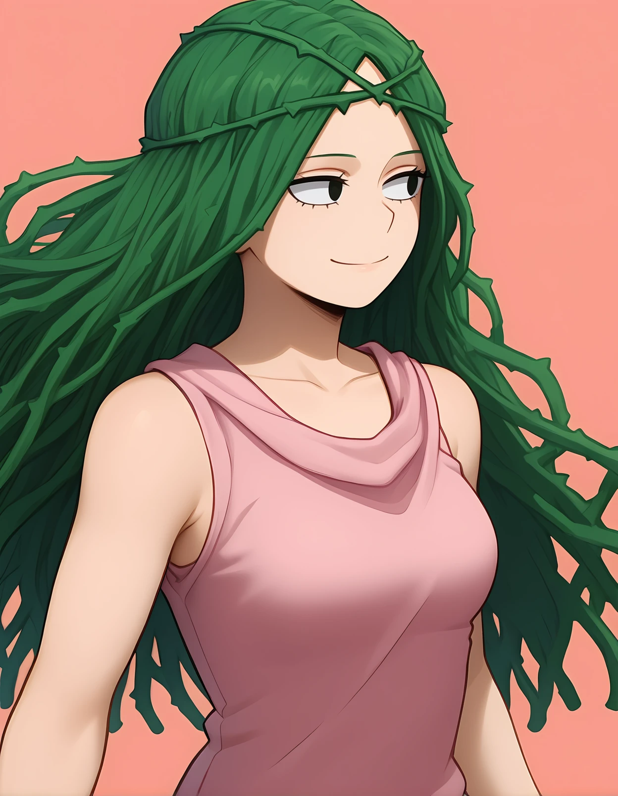 <lora:Ibari:1>, 1girl, solo, ibara shiozaki, vine hair, sleeveless peach tshirt, looking away, closed mouth smile, simple background, cowboy shot