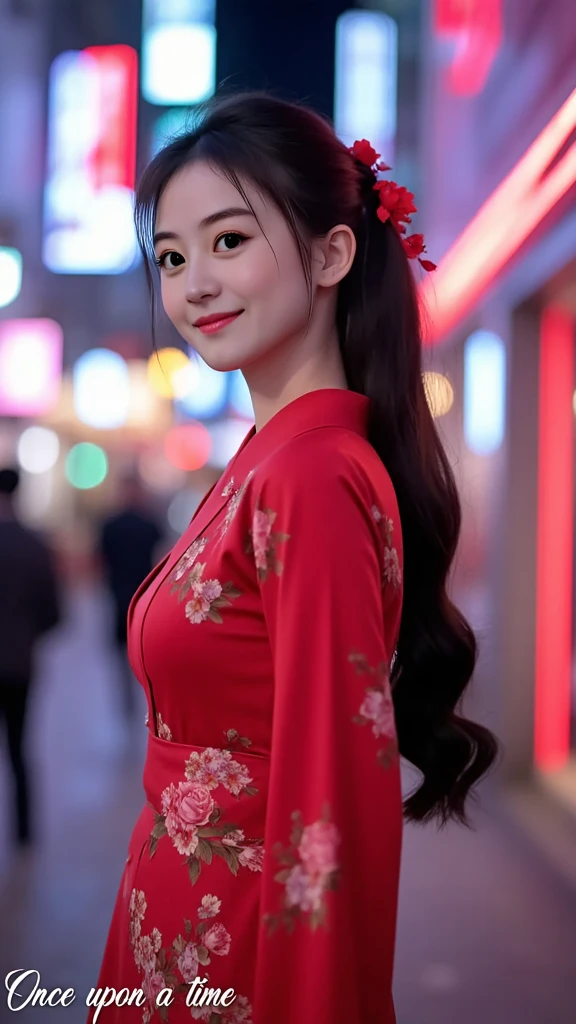 Portrait photo of miona_kokura, black high ponytail hair, wearing a red yukata with flowers on it, standing on the cyberpunk city with neon lights flashing, looking at the camera, smiling, the fancy white text saying "Once upon a time" at the bottom