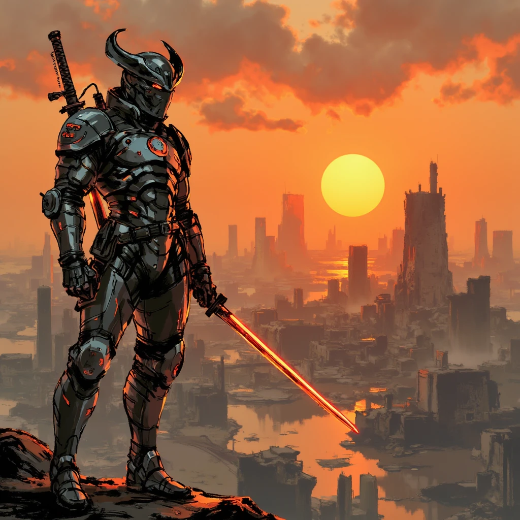 Shinkawa Style, A fierce warrior in futuristic armor, holding a glowing katana, standing on the edge of a ruined city. The sunset in the background casts a dramatic orange light over the scene.