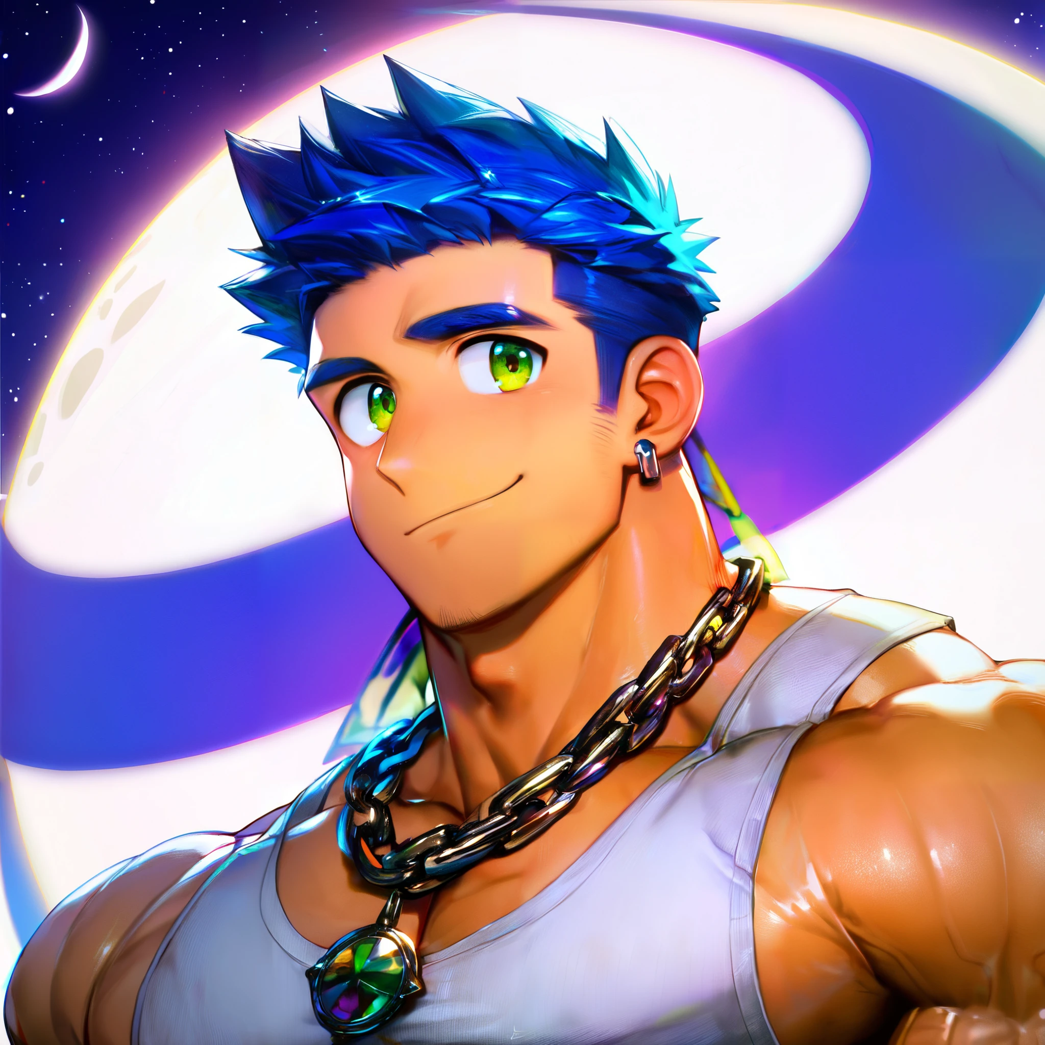 male, muscular, fully clothed, look at me, cute face, cute smile, darkblue hair, ear piercing, white tanktop, tiny golden chain necklace, black night sky background, backlight, moon light,
Uleezo,
zoomed out face, (zoomed out eyes), highly detailed eyes, open eyes, clean separation between iris, pupil and (white conjunctiva:1.3),
Best Quality, High Quality, Best Quality, Best Quality Face, pupils, anime face, human, High Quality V2, zPDXL2, perfecteyes, anatomy, ultra-detailed light, vibrant colors, (masterpiece), bara, normal skin color,
score_9, score_8_up, score_7_up, score_6_up, score_5_up, score_4_up, 