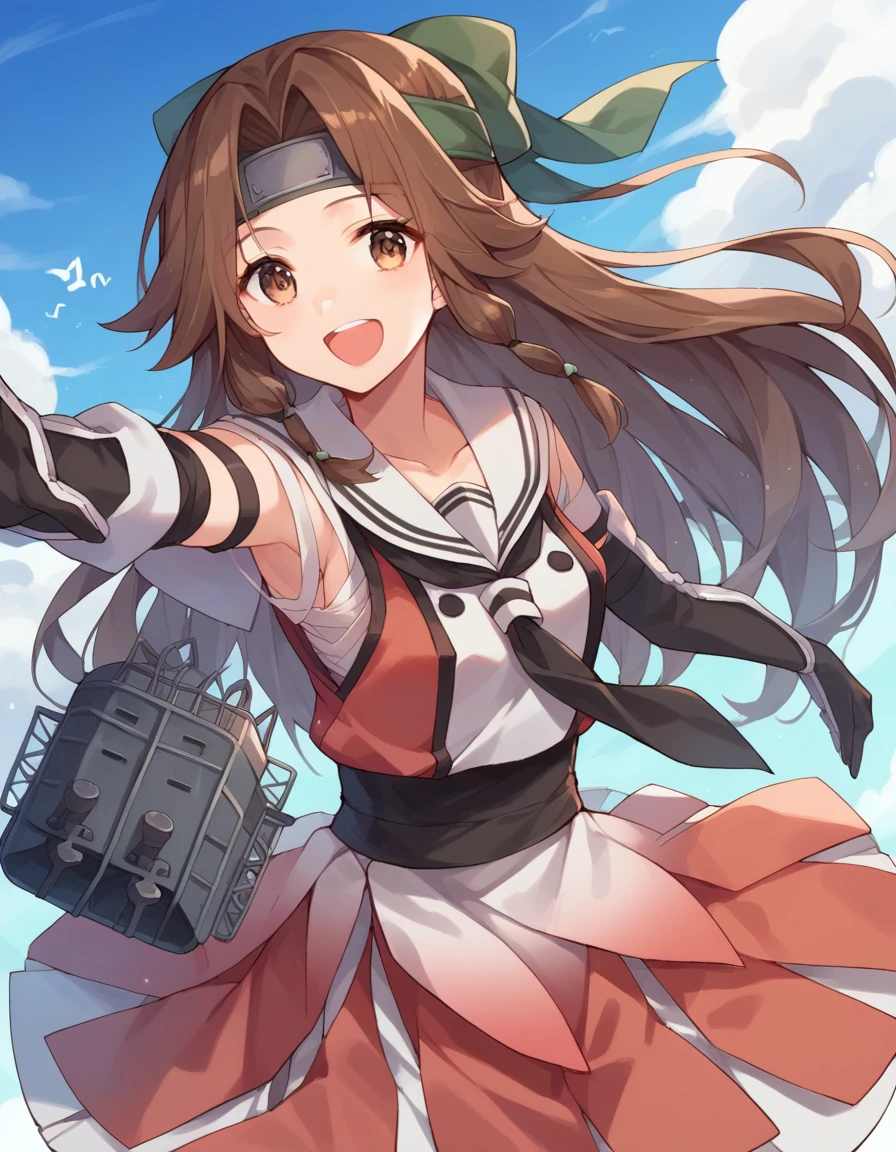 score_9, score_8_up, score_7_up,source anime,1girl, <lora:Jintsuu_Kantai_CollectionKancolle_XL:0.8> jintsuu_\(kancolle\),  brown_hair, long_hair, gloves, brown_eyes, headband, school_uniform, elbow_gloves, serafuku,skirt, forehead_protector, hair_intakes,happy,:d