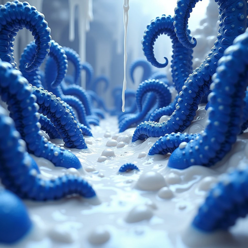 "Close view. A picture of a place filled with intense royal blue fat plump tentacles with pallus-like ends like alien plants which meanders through a big hill of thick white slime. The intense royal blue fat plump tentacles with pallus-like ends are thick and crowl into every edge of the image and burst out thick white slime. There is nothing but intense royal blue fat plump tentacles with pallus-like ends and white thick slime. intense royal blue fat plump tentacles are coming from the ceiling, too. The thick white slime is wild with waves and thick bubbles. Big white slime waves like a tsunami. Big white slime bubbles are floating in the air. The intense royal blue fat plump tentacles are extreme thick and huge. The white slime looks like a white bubblebath. Some tentacle spit white slime out like a hose. Thick white slime makes big bulges and hills on the floor. Streams of thick creamy white slime are falling from the ceiling. Big splatters of thick white slime. The white mucus bubbles and bulges upwards.", bluetentws, (blender style), 3D, masterpiece