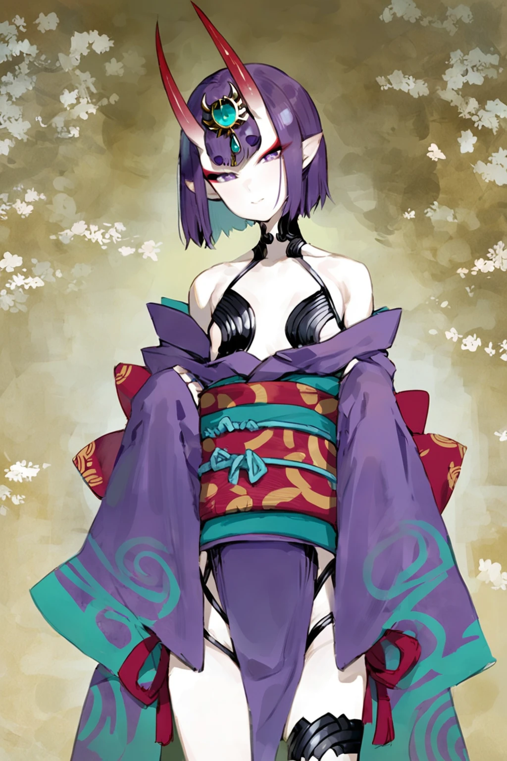 score_9, score_8_up, score_7_up, shuten douji \(fate\), ankle ribbon, bare shoulders, breasts, collarbone, eyeliner, headpiece, horns, japanese clothes, kimono, leg ribbon, long sleeves, makeup, obi, oni, pointy ears, purple eyes, purple hair, purple kimono, revealing clothes, ribbon, sash, short hair, short kimono, skin-covered horns, small breasts, wide sleeves, solo, solo focus, cowboy shot, high contrast, , Posing with arms overhead, palms facing upwards., <lora:2024-08-23_12-07-33-save-7474-25-24:1>