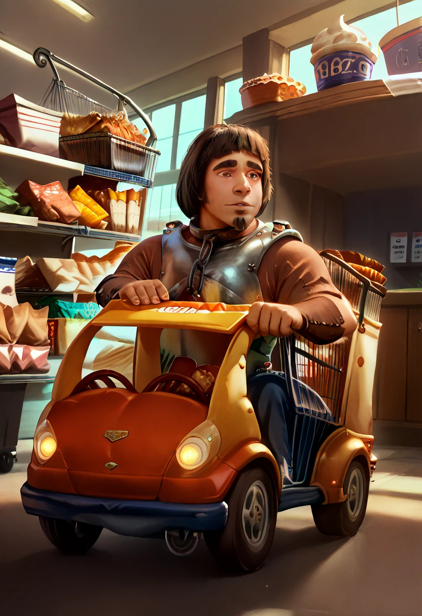 score_9, score_8_up, score_7_up, 1boy, solo, HuiBuh, bob cut, blunt bangs, dark brown hair, thick eyebrows, goatee, metal collar, armor, chain, breastplate, Grocery_store_car_cart, motor vehicle, ground vehicle, car, vehicle focus, grocery store, food <lora:BTG> <lora:Grocery_store_car_cart_-_XL> <lora:hui_buh-v1.2.35-lite>​​​