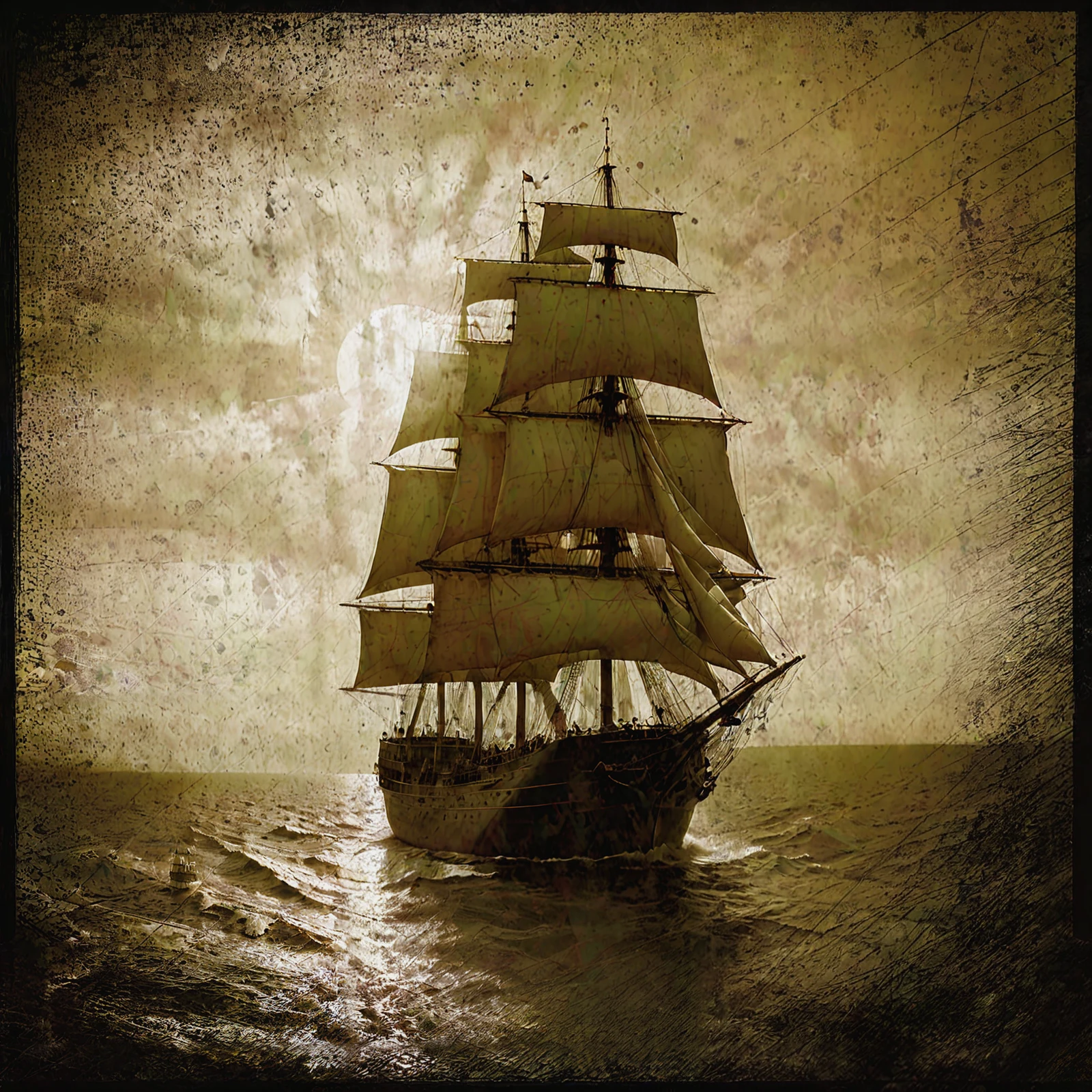 An old vintage sepia photo of a ship on the ocean, sails raised, against a setting sun. Backlit.

<lora:PhotoAgedSepia01-00_CE_SDXL_128OT:0.9> AgedSepiaCE

