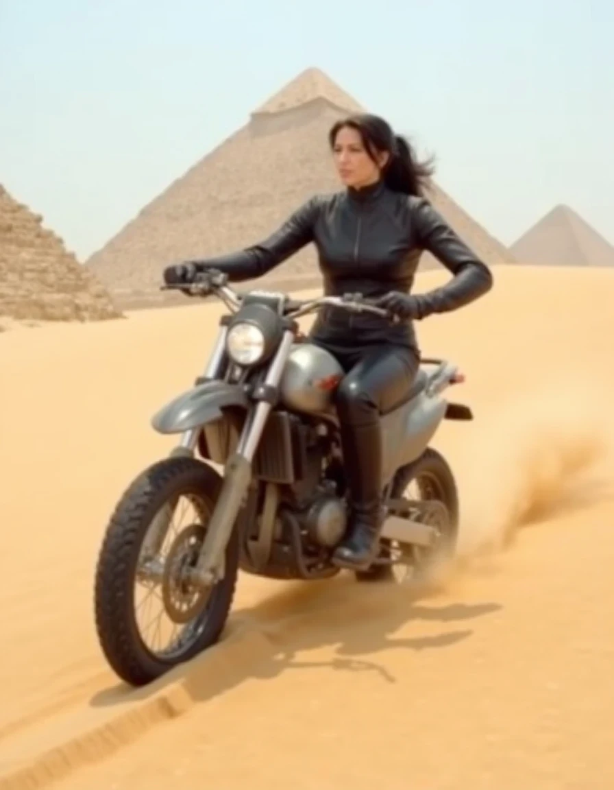 photo of ohwx driving a dirtbike down a sand dune. She is wearing a black leather motorcycle suit. The pyramids of Gizeh are in the background.