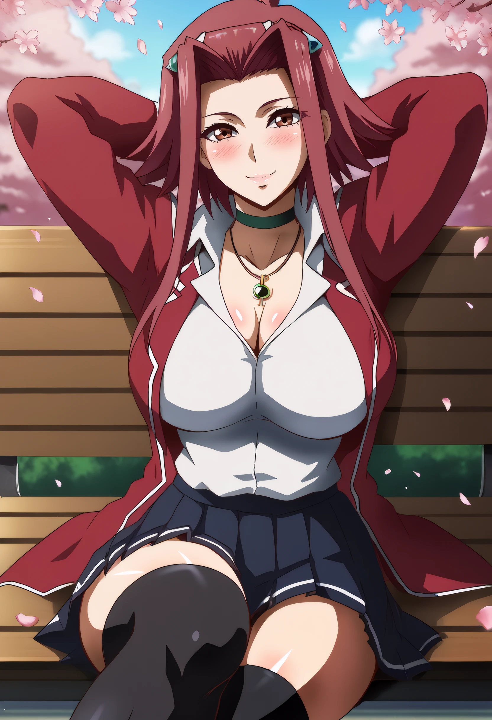 harayu, score_9, score_7_up,  source_anime BREAK 1girl, looking at viewer, cowboy shot,
<lora:IzayoiAkiSchool_Dwnsty:0.8>,  Izayoi_school, red hair, brown eyes, short hair with long locks, necklace, choker, school uniform, white shirt, red jacket, miniskirt, pleated skirt, black thighhighs, 
large breasts, lips, smile, blush, arm support, reclining, arms up,
outdoors, school, school yard, cherry blossoms, falling petals, on bench, bench, sitting, crossed legs,