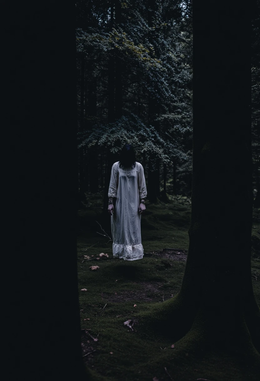 night, dark shadow, distorted photo, blurry candid photo bride glimpsed through thick forest trees, evil bride, floating in the air, straight body rigid, hands at her sides, dark, night, deep shadows, moonlight, eerie, unsettling, sinister, occult, spooky, realistic