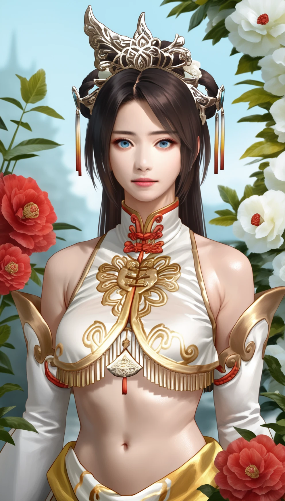 score_9,score_8_up,score_7_up,
<lora:diaochan:0.9>,
diaochan,
highres,photorealism,bloom,
1girl,solo,brown hair,long hair,bangs,blue eyes,white ornate headdress with intricate designs and a gemstone centerpiece,white tassel,white top with gold embellishments and tassel,white detached sleeves,white gloves with red flower,white sheer wrap skirt,upper body,