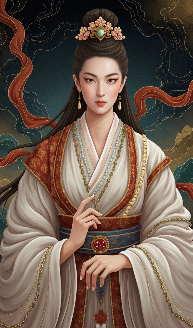 (murals art, dunhuang murals, dunhuang_murals_style, masterpiece, top quality, official art, best quality, beautiful and aesthetic, movie grade color grading, Epic, 24bit colors:1.2), 
black background, dark photo, silhouette, fading backlit background, amazing depth, intricately detailed, bokeh, perfect balanced, deep fine borders, artistic photorealism, smooth,

scenery, architecture, east asian architecture,  

(1girl/female immortal, jewelry, earrings, red lips, long sleeves, hair bun, shawl, ribbon, Phoenix Crown, Biyao, Jade Ornaments, Floral Ornaments, armor, Hair Pin, Hair Comb, Golden Forehead Ornament, Beaded Strands, feathers clothes, cleavage, huge chest), 
(arms up, up arms), 
(wearing fanfu/The fabric of the clothes appears to be a mixture of silk and slightly rougher materials, giving it a luxurious yet rugged texture﻿)
﻿fog, clouds, mountain, floating in mid air, floating in sky, statdust, 