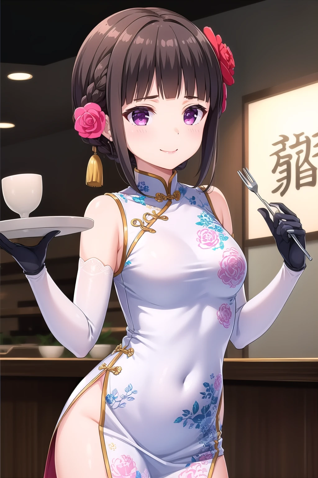 (masterpiece, best quality), highly detailed background, perfect lightingbest quality, shiranuiisuzu, solo, indoors, restaurant, black hair, hair rings, braided rings, blunt bangs, hair flower, short hair, purple eyes, medium breasts, white dress, china dress, bare shoulders, sleeveless dress, short dress, floral print, black gloves, elbow gloves, chinese clothes, smile, closed mouth, :), pink lips, <lora:Shiranui-Isuzu-2-05:0.7>