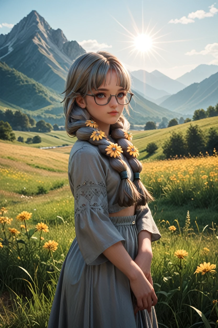 score_9, score_8_up, score_7_up, score_6_up
<lora:LAJahara:1.0>
LAJahara, 1girl, grey hair, twin braids, flowers, glasses, looking at viewer, standing in a field during the golden hour, hand gently brushing through tall grass, mountains in the distance, warm sunlight casting a glow, serene and connected to nature