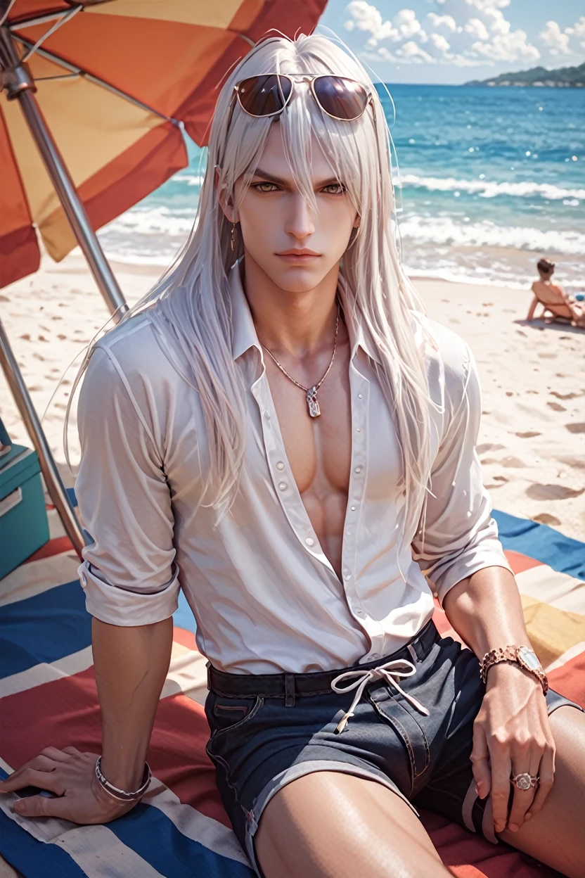 score_9, score_8_up, score_7_up, score_6_up
<lora:LAKadan:1.0>
LAKadan, 1boy, white hair, long hair, looking at viewer, male model in a casual summer outfit, sitting on the steps of a beach house, sunglasses on, ocean in the background, relaxed and carefree mood