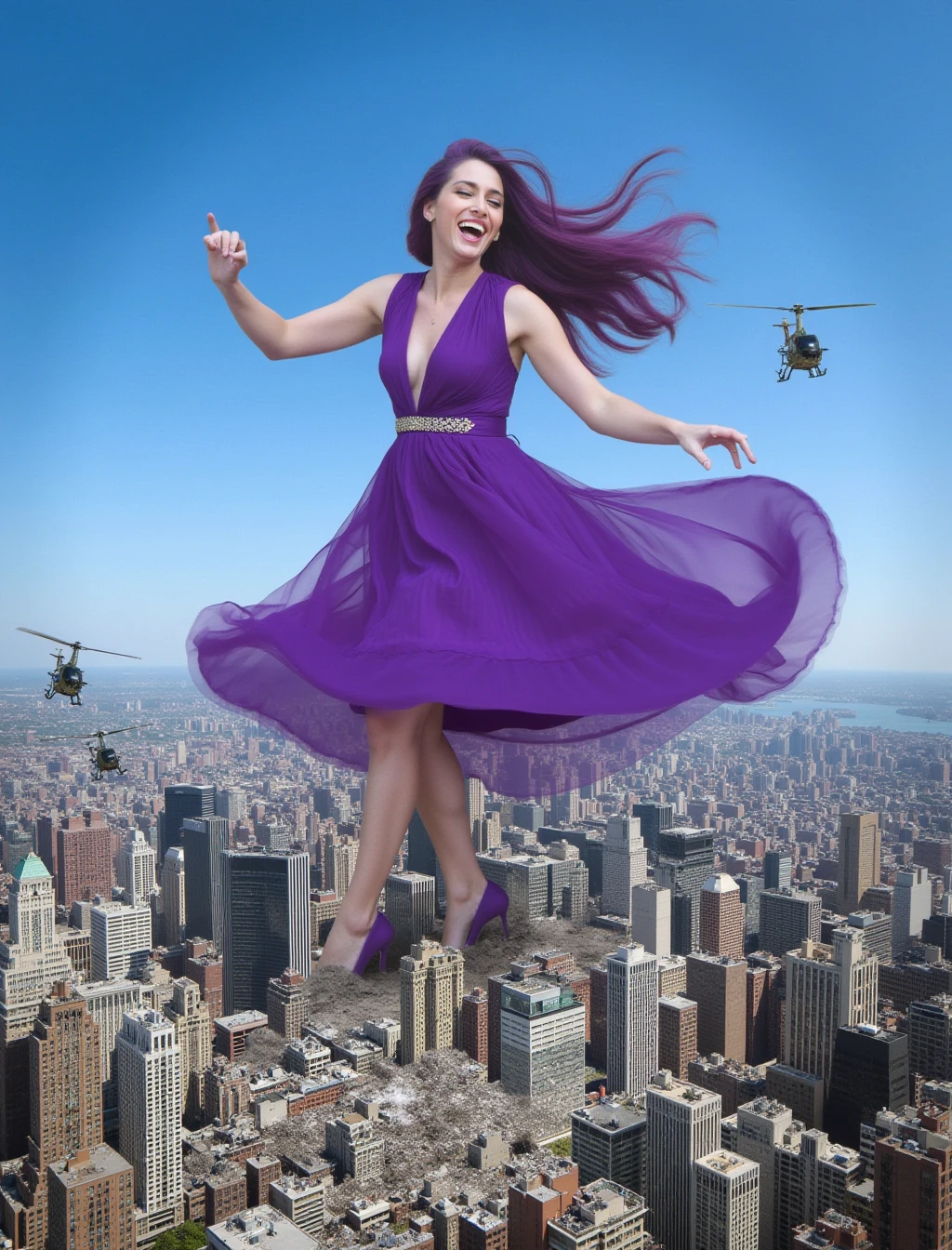 A giantess, dressed in a vibrant purple dress and matching high heels, is gracefully twirling in the midst of a city. Skyscrapers crumble around her as she moves, sending debris and dust into the air. A few helicopters bravely approach her, their attempts to stop her seeming futile. Her long, wavy purple hair streams behind her, and her joyful laughter echoes through the city. The sky, a deep blue, contrasts with the chaos below.