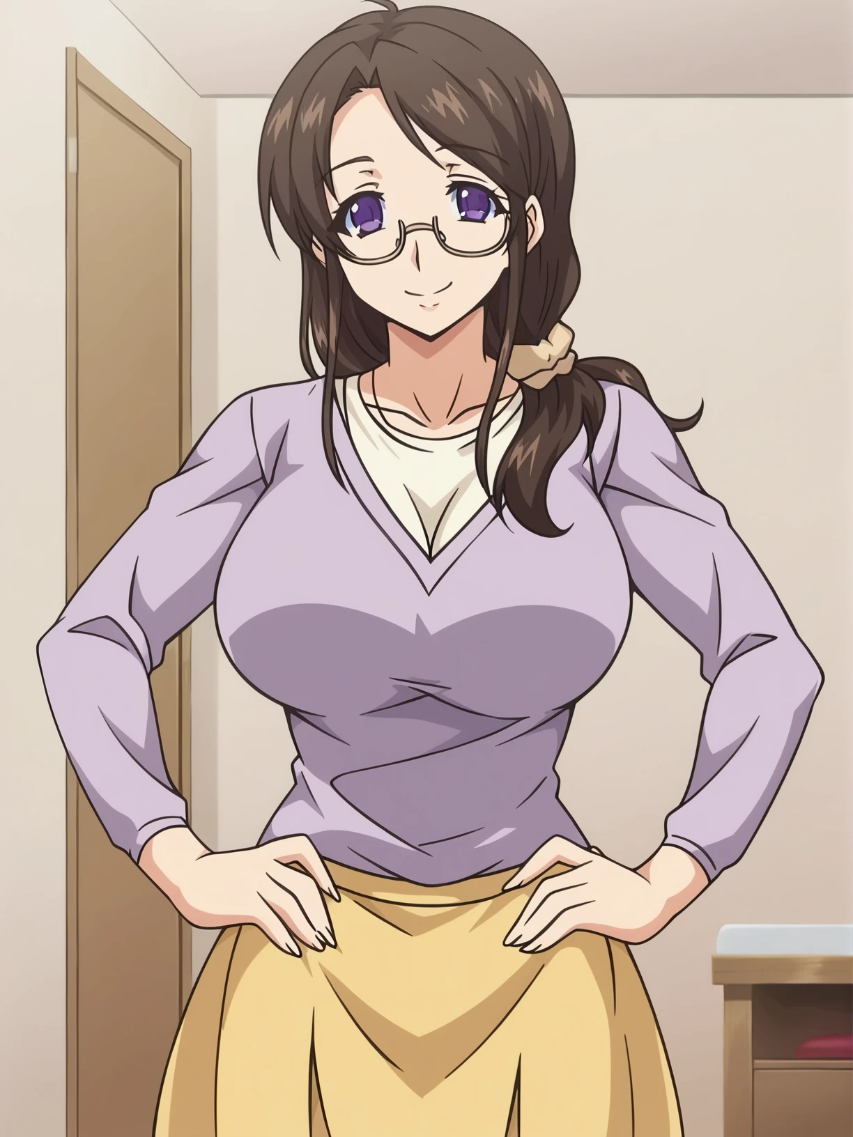 <lora:Mamiya_Mifuyu_-_Kyonyuu_Kazoku_Saimin:0.8>,Mifuyu,1girl,glasses,brown hair,purple eyes,long hair,large breasts,shirt,skirt,cowboy shot,hands on own hips,looking at viewer,smile,indoors,