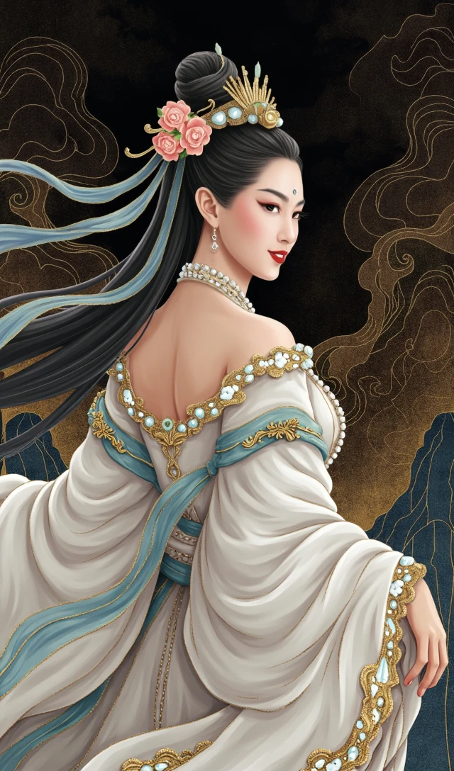 (murals art, dunhuang murals, dunhuang_murals_style, masterpiece, top quality, official art, best quality, beautiful and aesthetic, movie grade color grading, Epic, 24bit colors:1.2), 
black background, dark photo, silhouette, fading backlit background, amazing depth, intricately detailed, bokeh, perfect balanced, deep fine borders, artistic photorealism, smooth,

(1girl/female immortal, jewelry, earrings, red lips, long sleeves, hair bun, shawl, ribbon, Phoenix Crown, Biyao, Jade Ornaments, Floral Ornaments, armor, Hair Pin, Hair Comb, Golden Forehead Ornament, Beaded Strands, feathers clothes, cleavage, huge chest), 
(from behind, looking back, smilling), 
(wearing fanfu/The fabric of the clothes appears to be a mixture of silk and slightly rougher materials, giving it a luxurious yet rugged texture﻿)
﻿fog, clouds, mountain, chinese architecture as the background, 