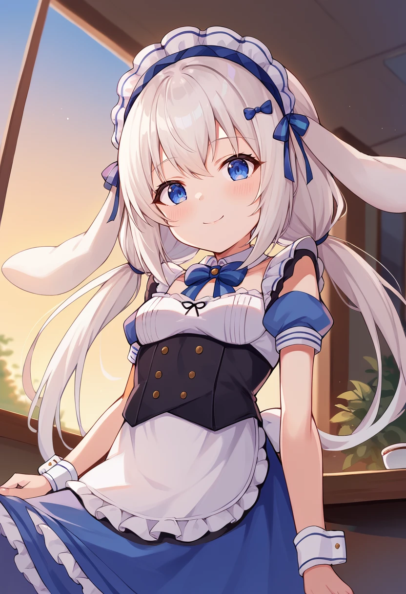 <lora:TenshiNano:1> angel nano, maid headdress, animal ears, blue eyes, rabbit ears, maid, long hair, white hair, twintails, smile, small breasts,  cafe, sunset, window, from below,, score_9, score_8_up, score_7_up, source_anime,