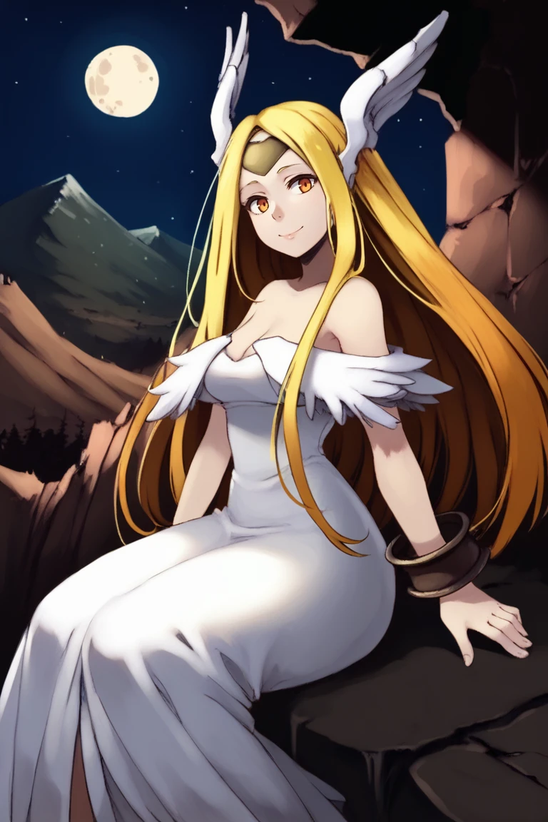 (score_9, score_8_up, score_7_up, score_6_up), source anime, BREAK, 
<lora:MariettaPonyXL:0.8>, mardef, 1girl, blonde hair, orange eyes, long hair, circlet, head wings, (white dress), frilled dress, long dress, bracelet, angel, (sitting), cliff, looking at viewer, angel, from side, smile, breasts, looking at viewer,  <lora:Huffslove_Style_PonyXL:0.4> , huffslove, <lora:zy_Detailed_Backgrounds_v1:0.3> , detailed background, highly detailed, exterior, mountain, cliff, wasteland, night, moon, ruins,   <lora:m4gXLP:0.6> , m4g,