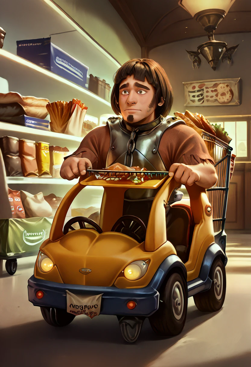 score_9, score_8_up, score_7_up, 1boy, solo, HuiBuh, bob cut, blunt bangs, dark brown hair, thick eyebrows, goatee, metal collar, armor, chain, breastplate, Grocery_store_car_cart, motor vehicle, ground vehicle, car, vehicle focus, grocery store, food <lora:BTG> <lora:Grocery_store_car_cart_-_XL> <lora:hui_buh-v1.3.35>​​​