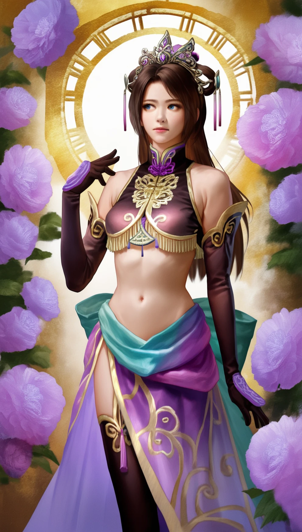 score_9,score_8_up,score_7_up,
<lora:diaochan:0.9>,
diaochan,
highres,photorealism,bloom,
1girl, solo, brown hair, long hair, bangs, blue eyes, looking to the side, looking up, purple ornate headdress with intricate designs and gemstone centerpiece, purple tassel, purple top with gold embellishments and tassel, purple detached sleeves, purple gloves, purple sheer wrap skirt, thigh socks, cowboy shot, raised right hand, left arm down, illustration background,  complicated background, ink style background, large abstract blue and purple flowers in background, yellow cloud, dreamlike atmosphere