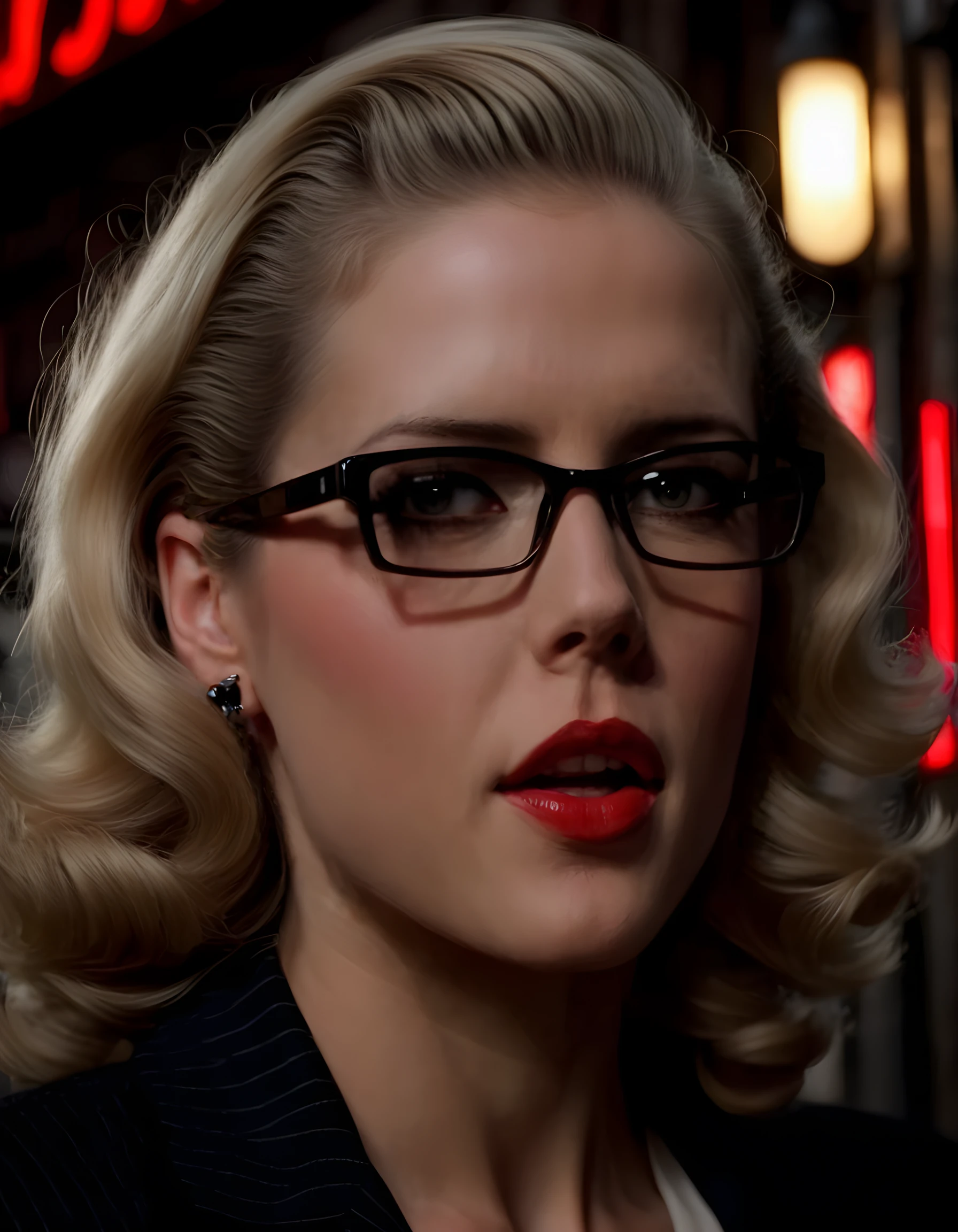 In a gritty, noir-inspired setting reminiscent of 1940s New York City, a close-up image captures EM1LYBR, a woman with stunning blonde hair and black-framed eyewear, her expressive eyes piercing through the lens as she fixates intensely on the viewer, her red lips slightly parted to reveal a hint of her perfect teeth. The dimly lit alleyway behind her is filled with the warm glow of neon signs and the faint, haunting echoes of jazz music, casting an ominous yet alluring atmosphere around her. The black-and-white photograph, shot from a low angle, emphasizes her strong jawline and intense gaze, creating a powerful and mysterious portrait that demands attention and invites intrigue.