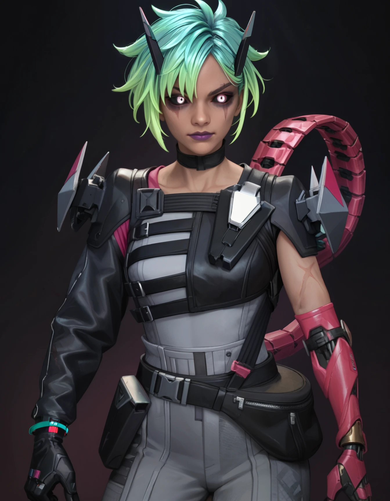 score_9,score_8_up,score_7_up,score_6_up,1girl,solo,dark background,black choker,white glowing eyes,scar on arm,colored sclera,black sclera,purple lips,elbow gloves,black belt,black jacket,gray jacket,aqua hair,gradient hair,green hair,multicolored hair,short hair,two-tone hair,black footwear,black pants,grey pants,dark skin,mechanical tail,sitting,medium breasts,    <lora:MyTrainings\Temp\Alter_Original_XL_Pony_ARZUMATA.safetensors:0.6>