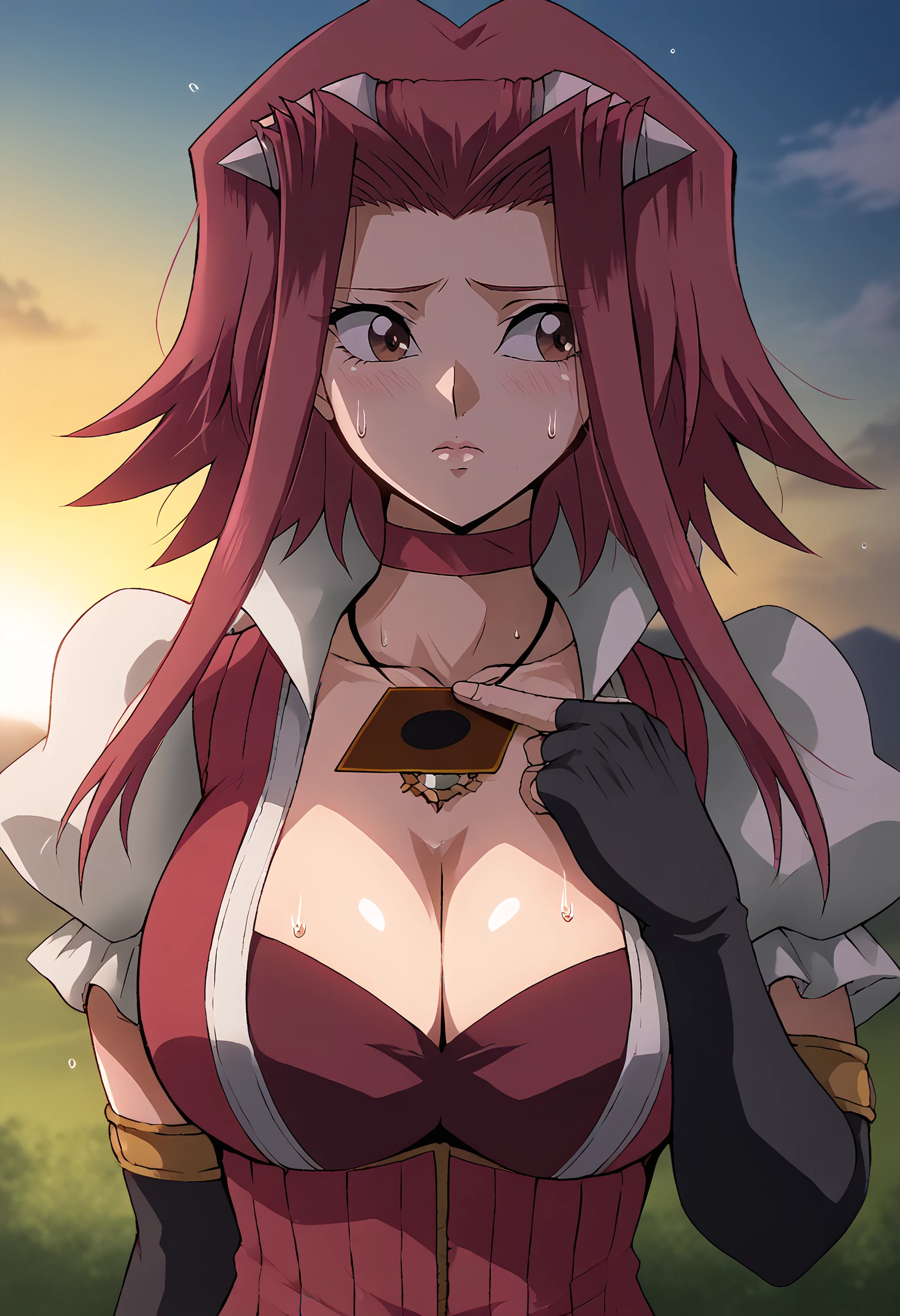 harayu, score_9, score_7_up,  source_anime BREAK 1girl, looking to the side, upper body, close-up, 
<lora:Izayoi_Dwnsty:1>, izayoi_casual, brown eyes, red hair, short hair with long locks, necklace, elbow gloves, black gloves, fingerless gloves, puffy short sleeves, red choker, cleavage, 
large breasts, lips,nervous, sweatdrop, sweat, holding yugioh card, yugioh card, <lora:Holding_Yugioh_Card_Dwnsty:0.8>, hand up, foreshortening, motion lines, drawing, 
outdoors, nature, cloudy sky, sunlight, dawn,