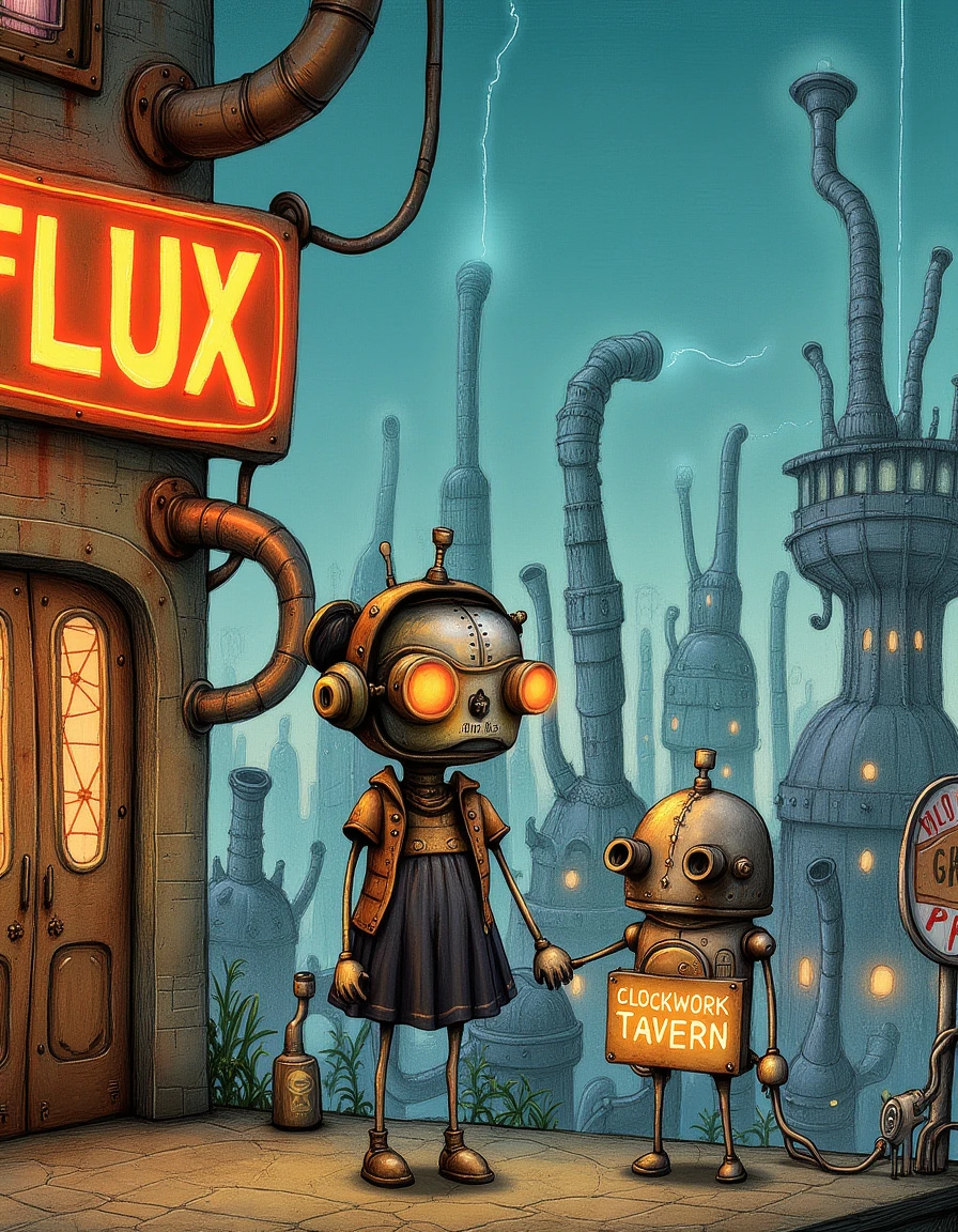 A machinart hand-drawn muted color palette linework illustration of a cyberpunk girl with intricate brass goggles and copper accents standing and holding the hand of a small, steam-powered robot with visible clockwork mechanisms and copper pipes, the small robot holding a sign saying "FLUX" in bold, stencil font, amidst a backdrop of a cityscape at dusk with neon signs on a building next to them, including a flickering "Clockwork Tavern" sign and a "Gearhaven" advertisement, city skyline in the background with smokestacks and watchtowers made of twisted pipes and rusty gears, simple cartoon art, surrealistic, steampunk elements, victorian drawing machinarium, extremely detailed, Dieselpunk style, Hand-drawn illustration style, colored lineart, Retro-futuristic, linework, muted  color palette, 2d flat art, 2d hand-drawn art, with subtle texture and shading, reminiscent of a vintage, industrial-era blueprint.