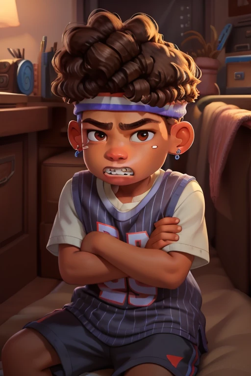 masterpiece, best quality,, TylerNguyen, 1boy, curly hair, black eyes, , brown hair, indoors, headband, clenched teeth, shirt, afro, dark skin, teeth, black hair, male focus, crossed arms, solo, child, earrings, striped shirt, aged down, sitting, jewelry, dark-skinned male