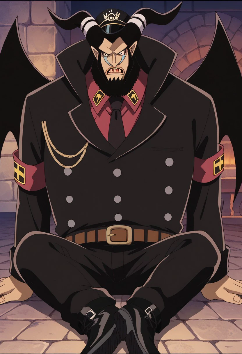 score_9, score_8_up, score_7_up, source_anime, rating_safe, MagellanOP, black_Magellan_hair, black_Magellan_facial hair, black_Magellan_eyes, pointy_Magellan_nose, blue_Magellan_makeup, 1boy, male focus, anime screencap, black_Magellan_cap, black-white_Magellan_horns, black_Magellan_wings, black_Magellan_coat, red-yellow_Magellan_shirt, black_Magellan_necktie, yellow_Magellan_aiguillette, red-yellow_Magellan_armband, grey_buttons, brown_Magellan_belt, black_Magellan_pants, black_Magellan_boots, sitting,