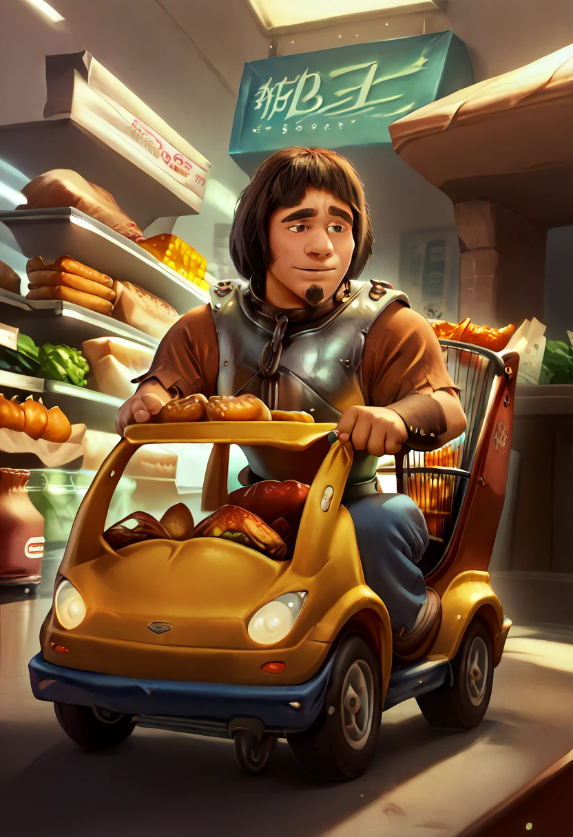 score_9, score_8_up, score_7_up, 1boy, solo, HuiBuh, bob cut, blunt bangs, dark brown hair, thick eyebrows, goatee, metal collar, armor, chain, breastplate, Grocery_store_car_cart, motor vehicle, ground vehicle, car, vehicle focus, grocery store, food <lora:BTG> <lora:Grocery_store_car_cart_-_XL> <lora:hui_buh-v1.2.25>​​​