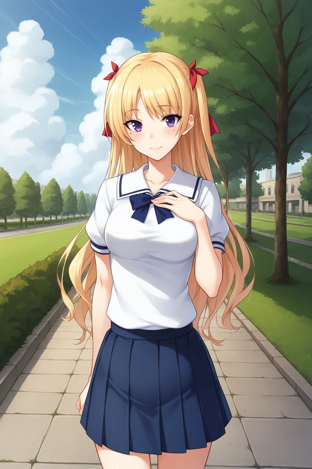 score_9, score_8_up, score_7_up, source_anime, 1girl, prefect lighting, very aesthetic, intricate details, highly detailed background, masterpiece, high quality, prefect hands, best quality, solo,
<lora:Majikoi_Chris_V2:.85>, KJOchris, blonde hair, purple eyes, hair bow, long hair, mole under eye, two side up, 
school uniform, short sleeves,
hand on chest, smile, blush, portrait, 
sunny, park, sidewalk, stone floor, grass, tree, cloudy sky,
(Beautiful, medium Breasts:1.2), natural breasts,