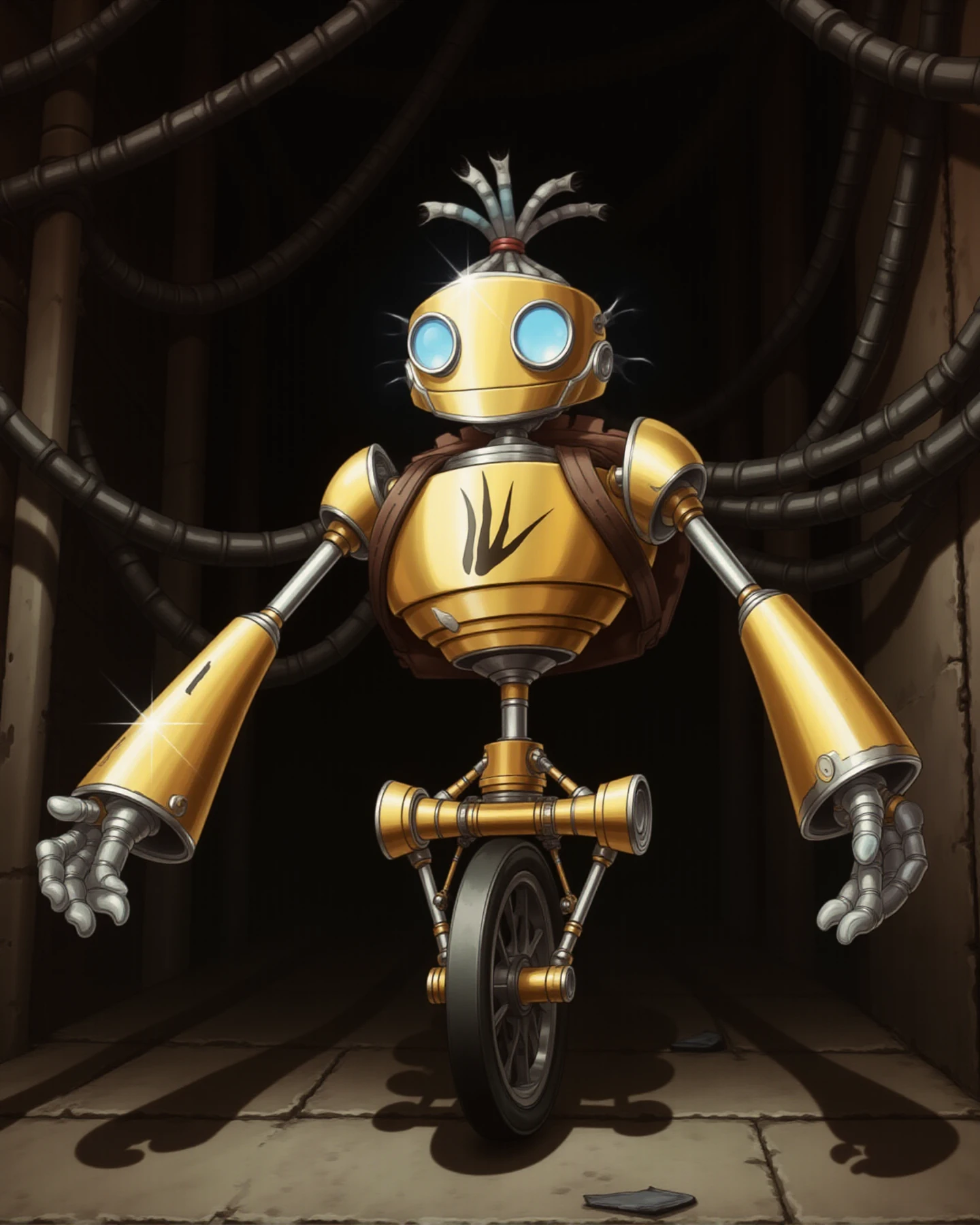 FCG, The image is a digital illustration of a robot . The robot has a round head with two large blue eyes and a small antenna on top. It has two arms and a wheel as leg . The body of the robot is made up of gold-colored metal and has a metallic finish. It also has a red and white striped pattern on its chest and arms.

broken in a dark alley, wires around, electicity sparks, dystopian atmosphere