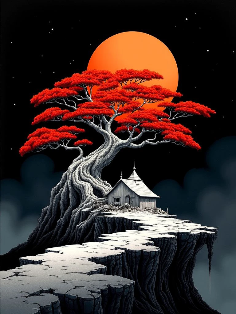 Pen and Ink Drawing, white tree house, black desert, red tree, dark night, black fog, light orange huge moon, sharp focus, high quality, 4k high resolution,
 <lora:Dagobah_Land_Flux:1> dagobahlnd