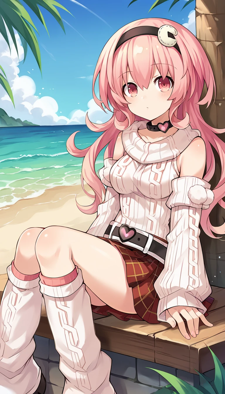 score_9, score_8_up, score_7_up, source_anime, 1girl, solo, pink hair, pink eyes, long hair, curly hair, bangs, hairband, heart choker, detached sleeves, bare shoulders, ribbed sweater, sleeves past wrists, plaid skirt, miniskirt, leg warmers, boots, belt, sitting, outdoors, sunny, sky, beach, looking at viewer, cowboy shot,  <lora:Compa_Neptunia_PonyXL:0.8>, Compa \(neptunia)\