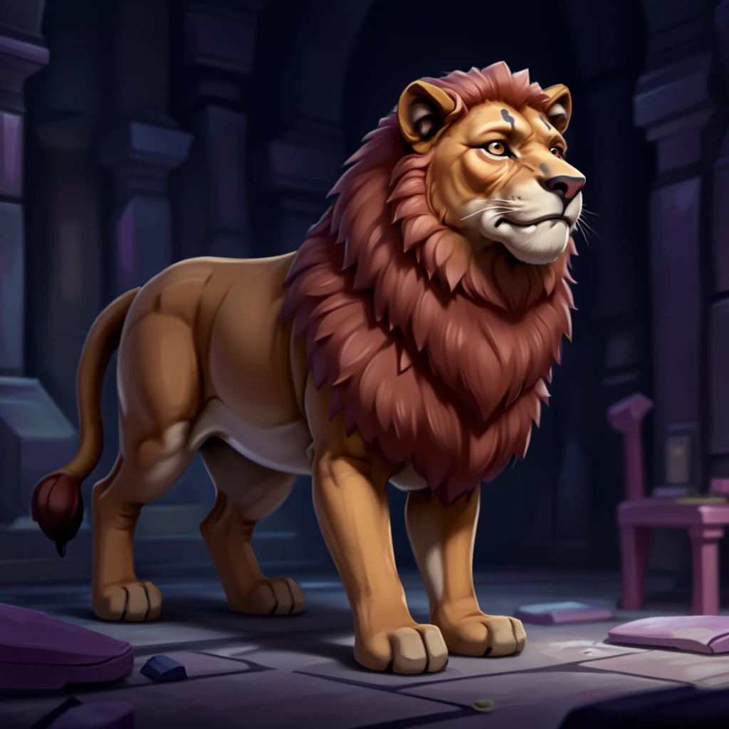 The image is in the style of a FluxCartoonDigitalStyle of a lion standing in a dimly lit room. The lion is facing towards the right side of the image, with its head turned slightly to the left. It has a fierce expression on its face and its mane is flowing in the wind. Its eyes are piercing and its mouth is slightly open, as if it is about to roar. The room has a stone floor and walls, and there are various objects scattered around the room, including a chair and a table. The overall mood of the illustration is powerful and majestic.
