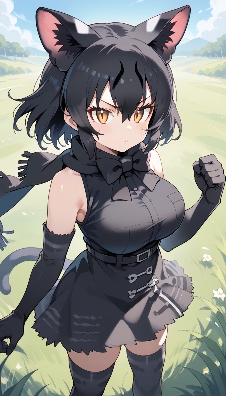 score_9, score_8_up, score_7_up, score_6_up, source_anime, rating_explicit BREAK 1girl, solo, <lora:black_serval_kf_pony_v1:1>, black serval \(kemono friends\), cat girl, cat tail, tail, cat ears, extra ears, animal ears, animal ear fluff, black hair, bangs, hair between eyes, yellow eyes, slit pupils, large breasts, default costume, scarf, black scarf, sleeveless, sleeveless shirt, black shirt, bare shoulders, bow, bowtie, black bow, black bowtie, print bow, print bowtie, gloves, black gloves, print gloves, elbow gloves, skirt, black skirt, print skirt, belt, thighhighs, print legwear, standing, serious, fighting stance, field, on grass, looking at another, <lora:age_slider_v4:2>