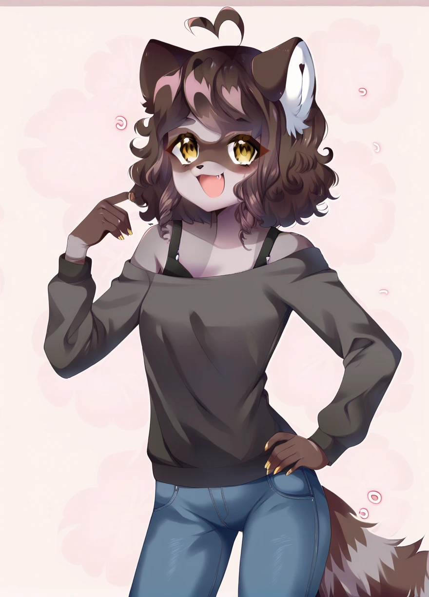 Score_9, <lora:CeriseTest:1>, furry female, animal ears, furry, yellow eyes, heart ahoge, tanuki, raccoon tail, raccoon ears, Anthro, Tanuki girl, Curly Hair, sweater, jeans, petite, hand on hip pose, smile, looking at viewer, fang,