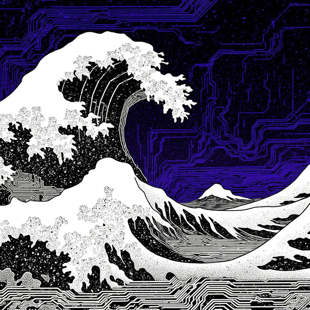 A hand-drawn cyberpunk anime illustration of The Great Wave off Kanagawa composed of precise PCB-style circuits. The wave's form is created by intricate, straight circuit lines and angular components. Monochrome palette in black and white, with vibrant purple accents highlighting key elements. Set against a dark background with fine circuit patterns.