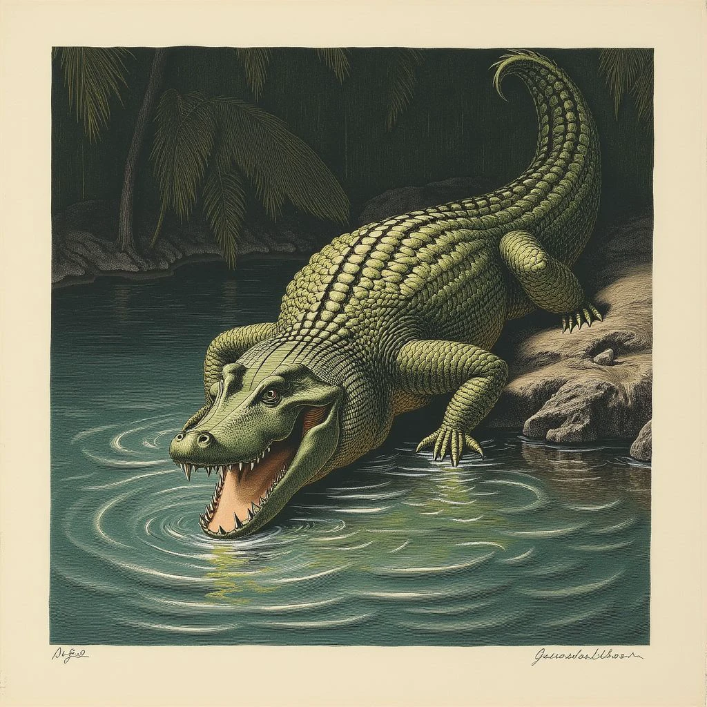 (gustavedore:1.1) style color lithograph classical literature illustration , crisp lines, moderate detail,
Nile Crocodile , portrait of the author, 
Warp drive engineering bay  location, 
medium contrast, tenebrism <lora:GustaveDore_Style_000005500:0.65>