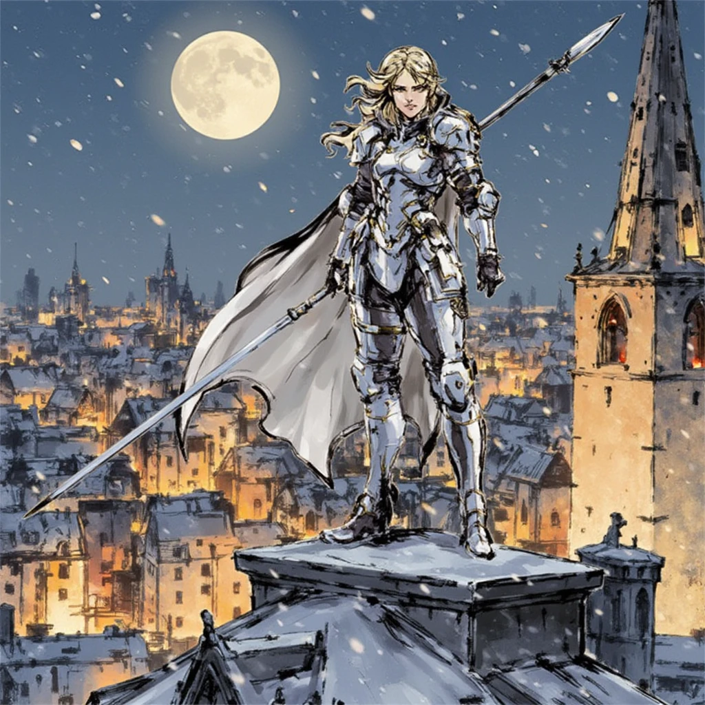 Shinkawa style, female character, valkuria, in white armor, with a lance in 1 hand, stands on top of the cathedral.Night. It's snowing. Full moon