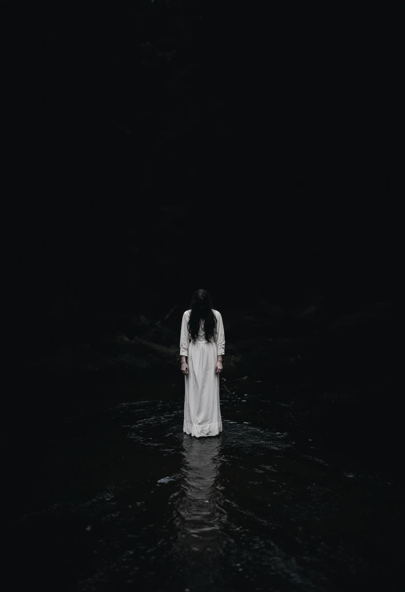 bride, surrounded by darkness, black background, horror, sinister, occult, evil, horror movie still, (Junji Ito feel:0.2), a woman standing straight rigid, black hair hanging down, looking at viewer, (((Unsettling, creepy, disturbing))), (black background, infinite void, water covering floor:1.4)