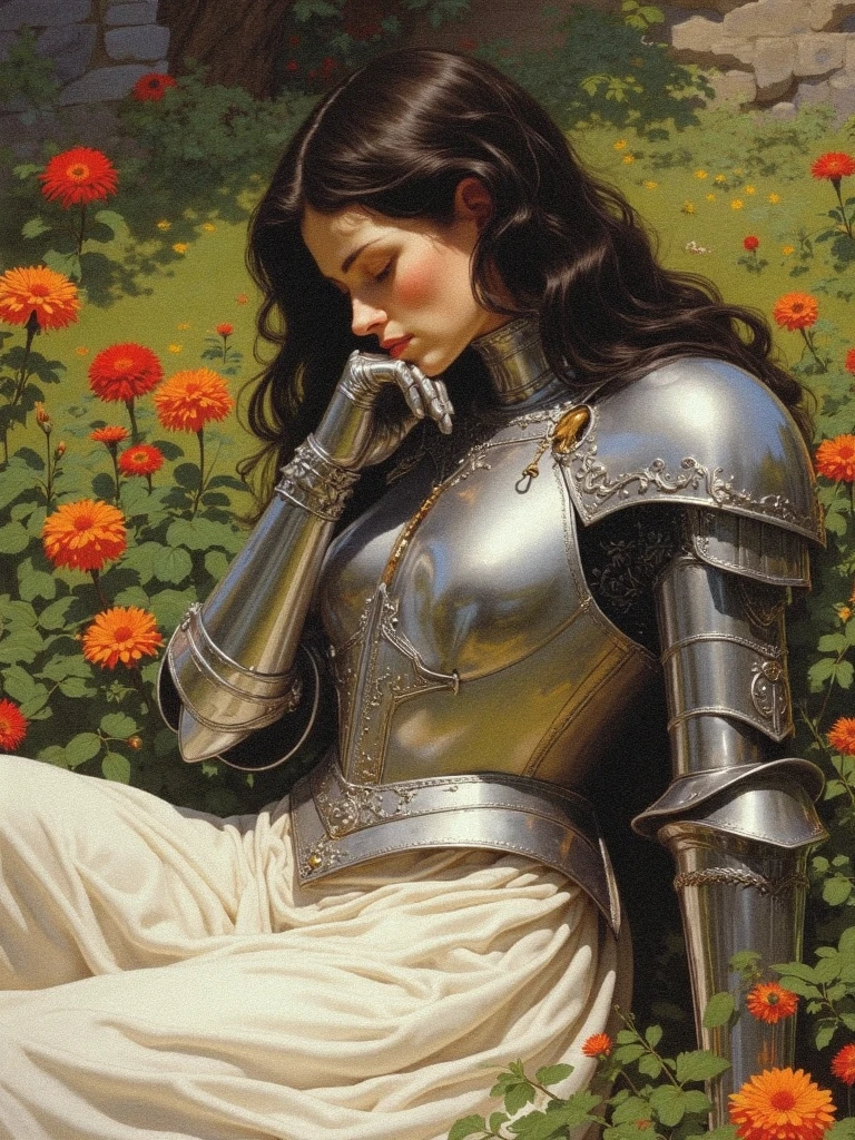 drkfnts style, A detailed realistic portrayal of a female figure in a garden setting. She is adorned in ornate silver armor with intricate designs complemented by a flowing white dress. Her long dark hair cascades down her back and she is depicted in a contemplative pose resting her head on her hand. The garden is lush with vibrant orange and red flowers and the background is a blend of green foliage and a hint of a stone wall. The color palette is rich and warm with the metallic sheen of her armor contrasting against the bright hues of the flowers and the earthy tones of the garden, dark fantasy, <lora:sxz-Dark-Fantasy-v2-Flux:1>